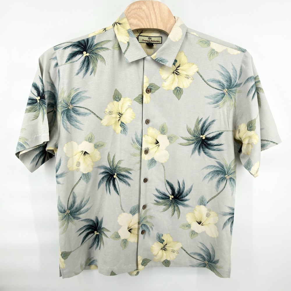 Tommy‎ Bahama Silk Hawaiian Camp Shirt Large Gray Yellow Hibiscus Palm Tree SS